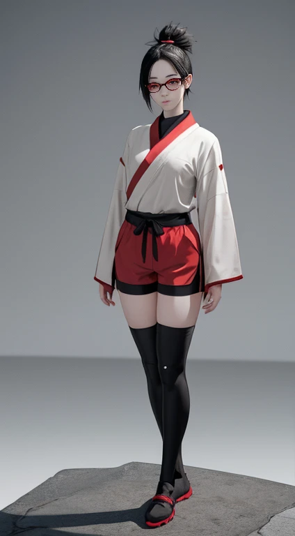 1 shy 1 girl, pale skin, short black hair, black eyes and red glasses, wearing shinobi outfit and thigh-high shorts, full body pose, looking insecure and shy while gazing at viewer, extremely detailed facial features, highly detailed, photorealistic, 8k, c...