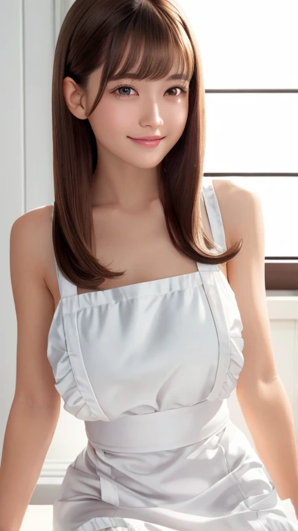 Product quality, One girl, Full Body Shot, Front View, Young and cute Japanese girls, Shoulder-length hair, Wearing only a silky satin frilly white apron、Wearing it over a naked body with a big smile, sitting at the kitchen table, Glamorous physique, Big B...