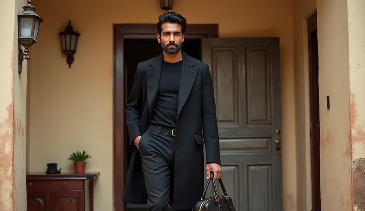 A indian handsome man waring black jaket coat come out from small hotel room in rajasthan 1990 bag in hand 