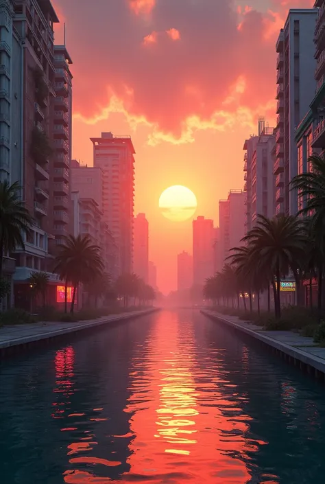 miami beach, 2100, sunset, artdeco neon buildings, godrays, futuristic,  abandoned city, water