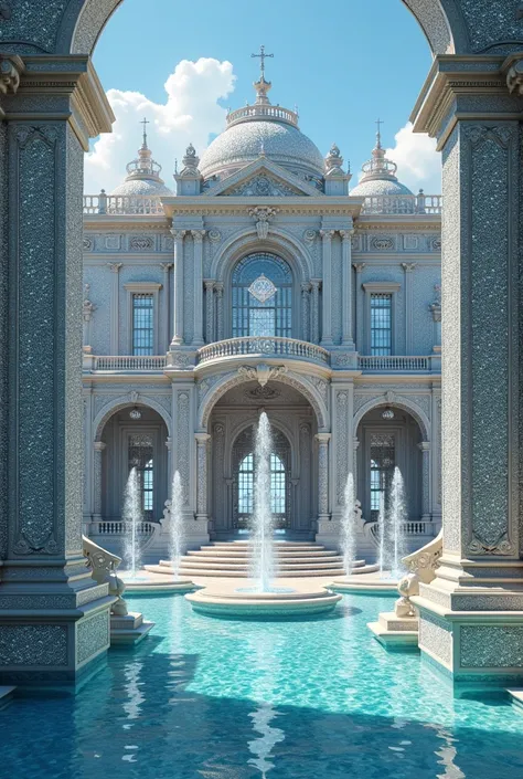 "A luxurious mansion with walls covered entirely in sparkling diamonds, shimmering under bright sunlight. The mansion should have a grand entrance with large diamond-encrusted pillars, surrounded by a lavish garden with diamond-studded fountains. The scene...