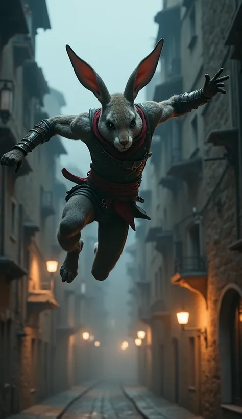 Rabbit with human body parkour, Assassins Creed, fast, medieval city, night, speed, speeding, motion blur, high resolution image