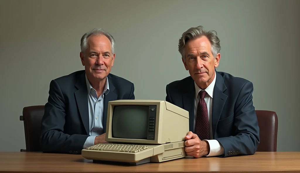 Mark rendolph and reed hastings sitting on a chair before a table with an old computer