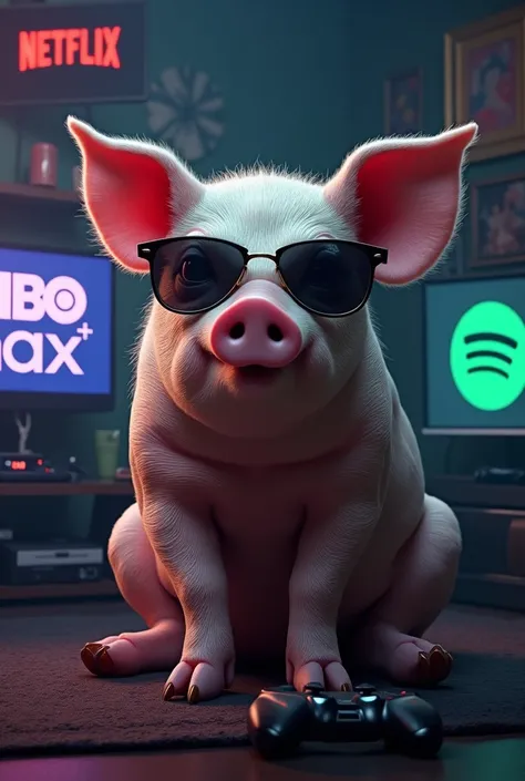 Creates an image of a medium textured pig with sunglasses in a gamer room selling Netflix accounts, HBO MAX , DISNEY AND SPOTIFY, BRAND NAMES AND LOGOS MUST BE CLEARLY SEEN 