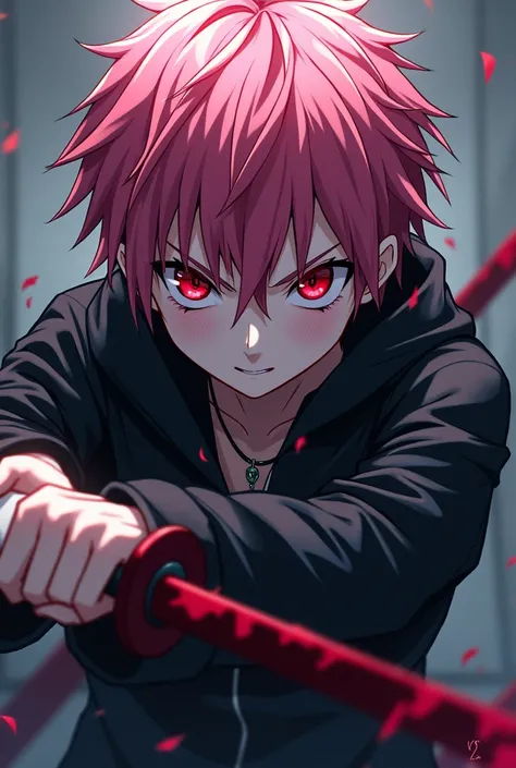 A cold boy with red eyes and pink hair without feelings and a murderous look in anime mode with a sword, about to attack