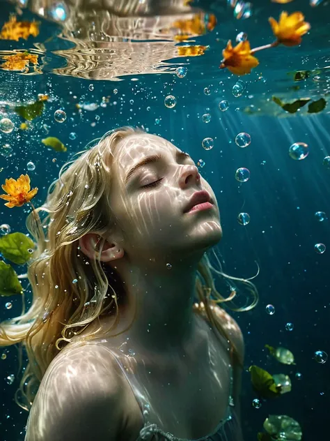 blonde ,face, 10years old,underwater,eyes closed,loose hair,some petals and leaves float on the water surface,
light leaks,many ...