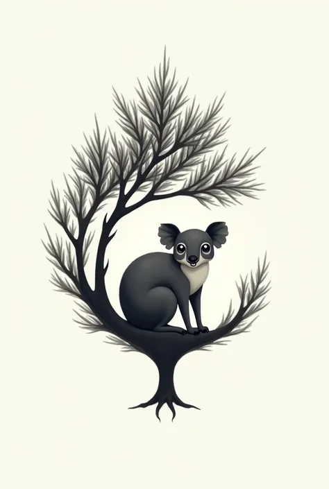 Generate a sophisticated logo that showcases a stylized tarsius nestled in a pine tree. Utilize a monochromatic palette for a modern look. Keywords: simplicity, grace, forest. Style: minimalistic. Media: digital painting."