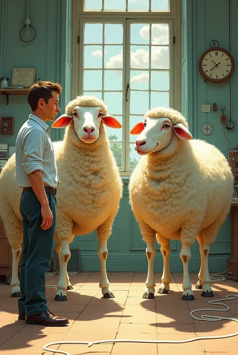 A rather animated drawing of a man in 1996 in an old environment showing us the cloning of a sheep, in which you can see the sheep with its clone exactly the same genetically and physically