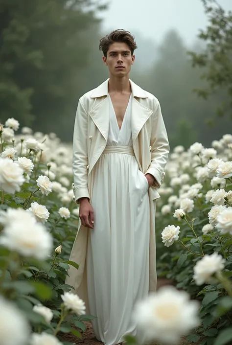 A young man, beautiful, elegant, white skin, skinny, soft leather, perfect face with white suit long white dress bordered with white rose in white rose garden