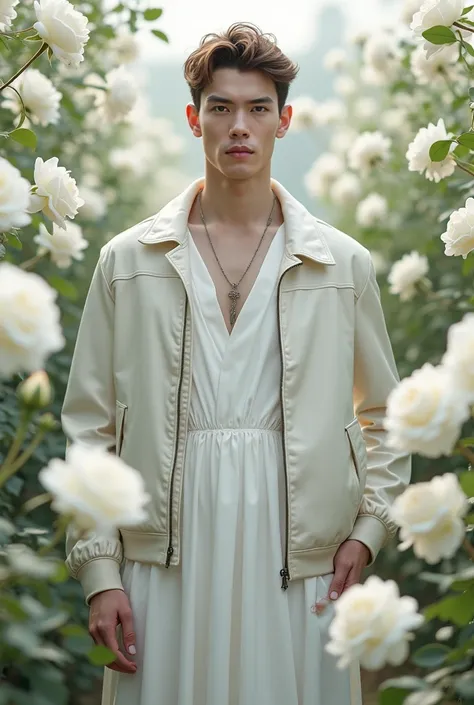 A young man, beautiful, elegant, white skin, skinny, soft leather, perfect face with white suit long white dress bordered with white rose in white rose garden