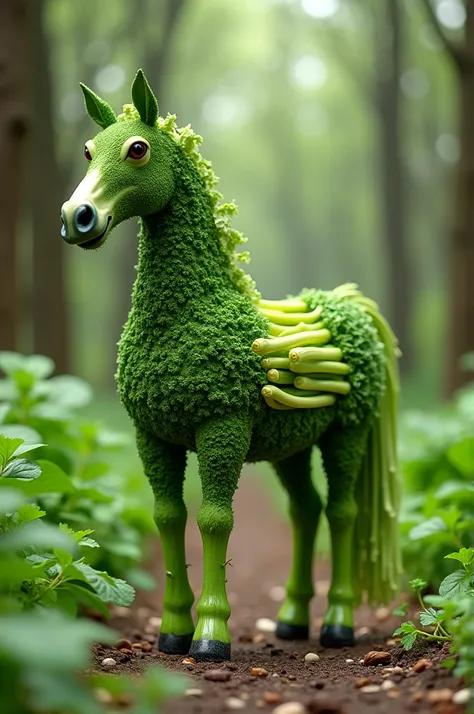 Make a horse out of green vegetables as if there is a person in it