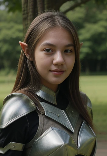 Cute elf  Girl, nineteen years old, nice body, cute indonesian face, brown skin, innocent, happy, sharp eyes focus, , armor, at the fortrees, blonde hair