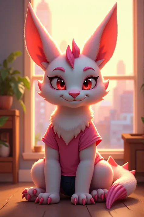 Furry art, feral, furred dragon, female, white and pink fur, wings, big ears, four ears, many ears, horns, chest fluff, paws, happy, blind, Faded red eyes, faded red cloudy eyes, quadruped, wearing t-shirt, wearing pink t-shirt, wearing shorts, wearing bla...