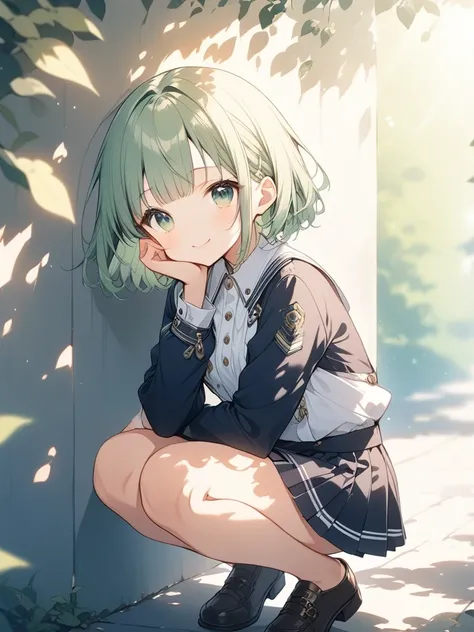 Anime Style, Ultra-detailed illustrations, Very detailed, beautiful, 8k,1 cute girl,(cute:1.3),Green Hair,Short, straight bangs,Hime cut,Bob with a downward slope, smile,Green Eyes, stylish, Trendy clothes,(Spotted sunlight:1.2),Blurred,(Written boundary d...