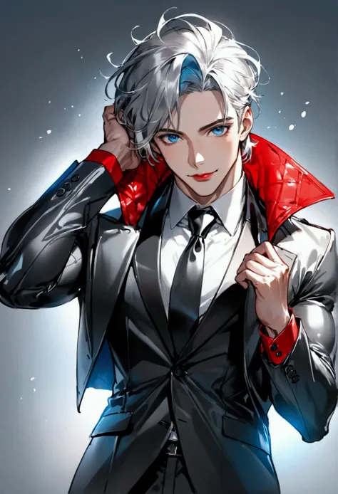 muscular man sketch , blue-eyed , silver hair , with red lips, cheerful and full leather, in suit

