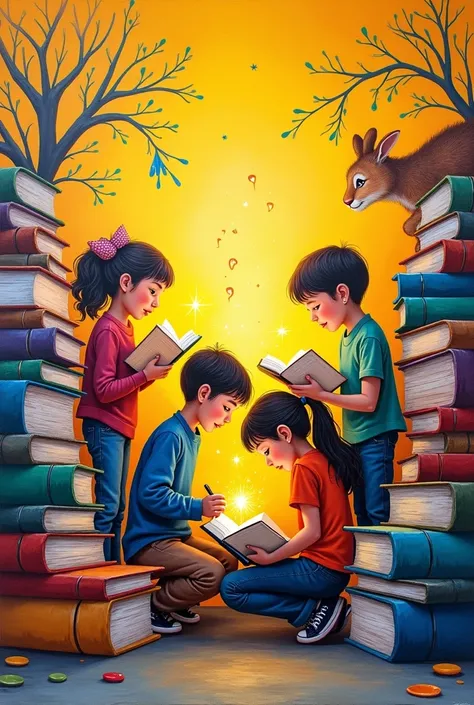 A school mural with a yellow background, Theme of Book Week 