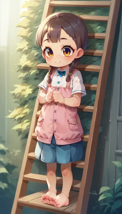 (loli:1.8)  fly humana tiny, clothes dress cute wide, on ladder, Cute feet, Standing, ,Low ponytail,long hair