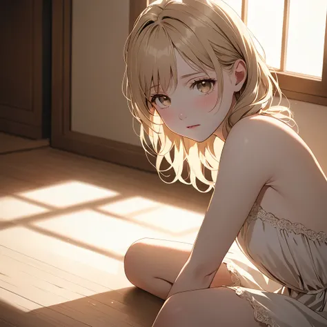 (masterpiece, best quality,dynamic angle,Dutch angle shot),soft wavy blonde hair, light brown eyes, teary and pleading expression, pale skin with a soft glow, petite figure, delicate white dress, sitting on the floor, hands reaching out, dimly lit room, wa...