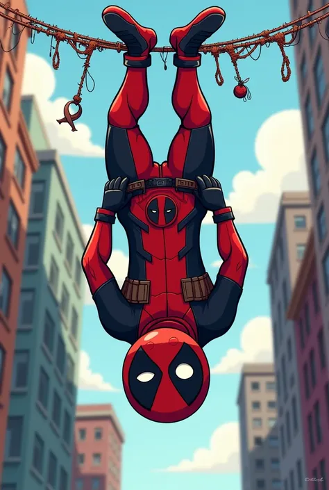 deadpool hanging like spiderman with cute head
