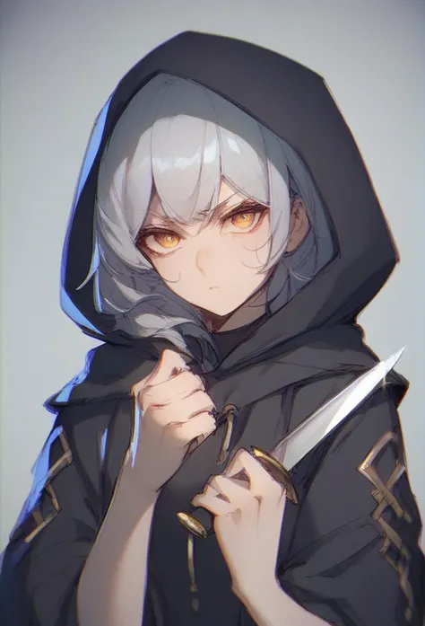 One Girl、solo、2D,Bad mood,Bangs,Black hood,Glare/Make a displeased face/Dissatisfied, cute,I have a knife in one hand,Silver Hair,Golden Eyes