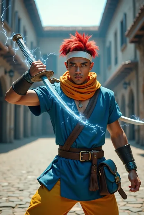 Young Brazilian man with white band on forehead, the red hair dragon ball style, orange scarf around the neck, blue medieval clothes, yellow leather pants, blue leather side bag, holding a Japanese sword with electric rays in his hands, in a medieval open ...