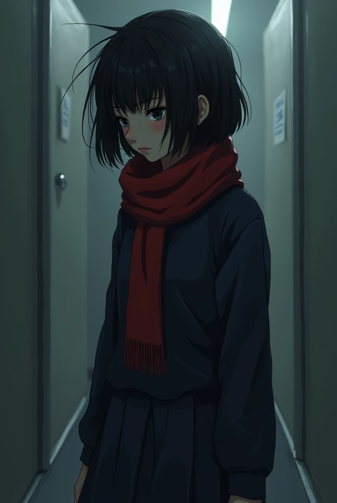 A melancholic high school girl, with medium-length messy black hair, dressed in a wrinkled dark blue school uniform. She has a distant, sad expression with dark circles under her eyes, her shoulders slightly hunched, standing alone with a red scarf loosely...