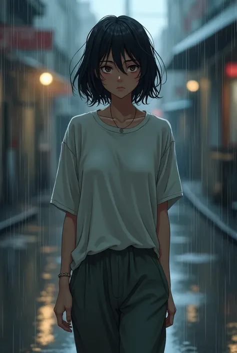 Anime girl in her 20s in the rain with a loose t-shirt and loose pants, medium-short black hair and brown skin with Latin features 