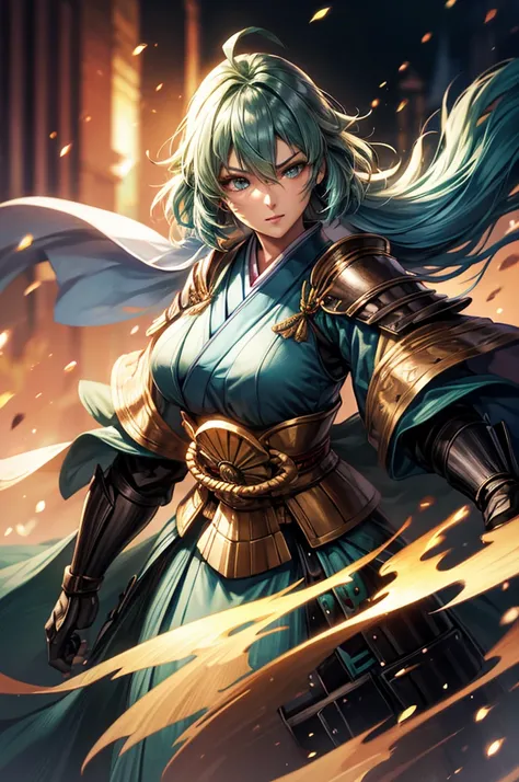 wearing armor One adult female, wearing light armor, wearing green kimono, short hair, ahoge, hair over one eye, blue hair, green Eyes, tareme, half-closed eyes, Light makeup, intense sad, tite waist, Big Breasts, full body, hair over eye, anime, cinematic...