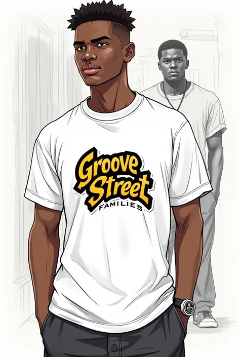 A t-shirt model that says Groove Street Families with a white drawing-style design and Ryder from San Andreas appearing in the background