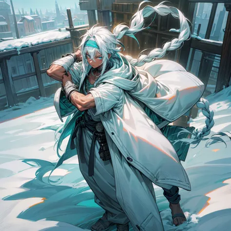 1male, young adult, dark skin, finely detailed aqua eyes, wild long hair, white hair color, long braid, puffer snow hoodie, head band, baggy pants, day time, snowy village, calm expression, muscular, tattoos, bandages around arm, anatomically correct 