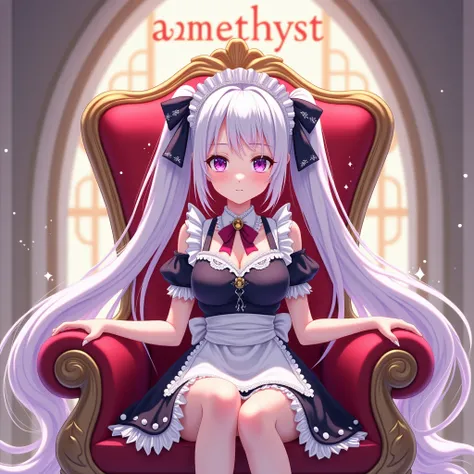 Anime girl, white long haired, two pony tail, 
three ribbons on the left, three ribbons on the right of her pony tail, purple eyed color, 
wearing maid honey berry attire, color 
white, with red and pink, sitting on the red 
throne, in a white and brown pa...