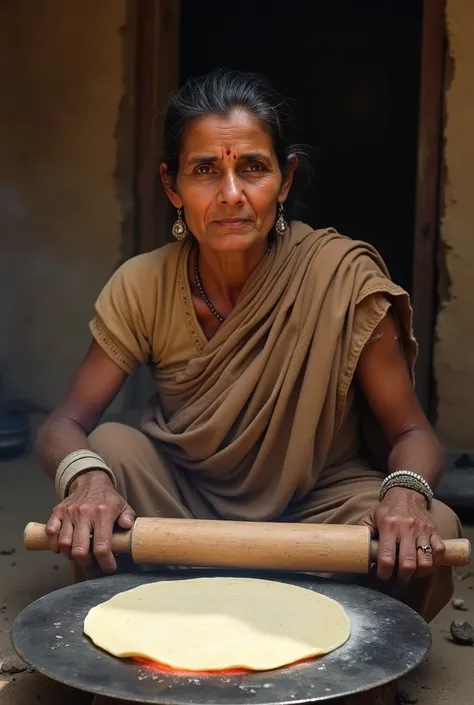 Create a realistic image of a poor woman named Shweta Rani from Fatehpur, dressed in simple, worn-out clothes, making roti in a rustic kitchen. She should be rolling out dough with a rolling pin (belan) and placing it onto a hot tava (griddle). Shweta Rani...