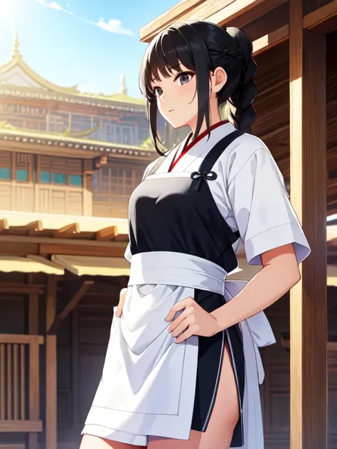 1 Girl,leg,a girl at architecture,(((architecture))),  Braided Bangs,Braided Ponytail,(Solitary:1.2),apron,大leg粗壮,Side ties, Black Hair, 16 years,Looking at the audience, Sunlight,Hanfu, 