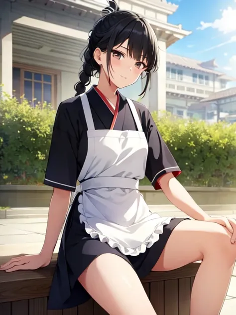 1 Girl,leg,a girl at architecture,(((architecture))),  Braided Bangs,Braided Ponytail,(Solitary:1.2),apron,大leg粗壮,Side ties, Black Hair, 16 years,Looking at the audience, Sunlight,Hanfu, 