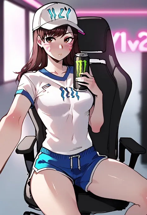 score_9, score_8_up, score_7_up, break, 1girl, solo, d.va \(overwatch\), gaming chair, dolphin shorts, white headwear, hat, indo...