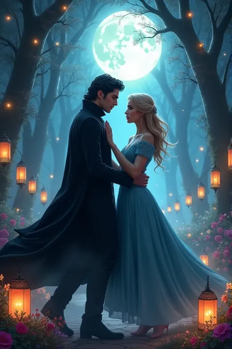 Prompt: under the soft light of the full moon, two men dance in an enchanted garden, surrounded by exotic flowers and floating lanterns that illuminate their movements. Noah, a young blond man with blue eyes, wears a tight red blouse and jeans, that highli...