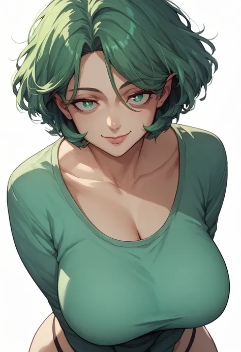 woman, yaya fushiguro, short hair, green hair, cat pupils, milf, green eyes, hips, slight smile, slanted eyes, black thong, aqua...