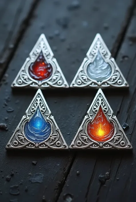 I need a set of triangular fantasy coins with symbols for earth, Water Fire and Air. Silber metallic, high gloss. Without background, each coin for itself, each coin should have the same shape and size and be displayed side by side