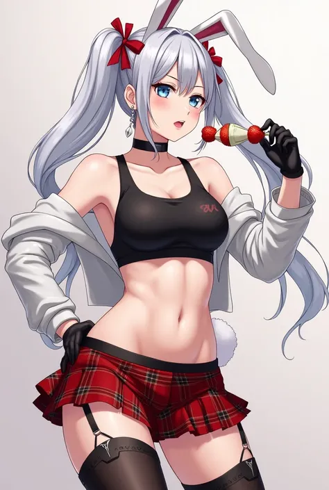 Anime woman, attractive, mature, confident, athletic, toned physique, small breasts, narrow blue eyes, serious facial expression, long silver twintail hair with red ribbons, white bunny ears, silver stud earrings, black choker, black gloves, black sportsbr...