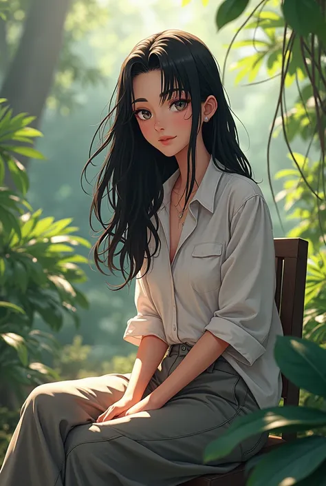 Anime girl about 20 years old in a garden with a loose shirt and baggy pants, black hair that reaches below her shoulders and dark skin color with Latin features sitting on a chair looking straight ahead 