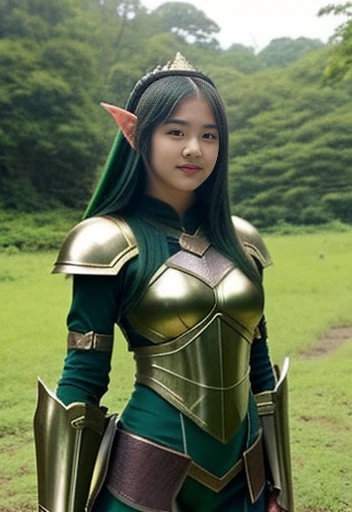 Cute elf Girl, nineteen years old, nice body, cute indonesian face, brown skin, innocent, happy, sharp eyes focus, , armor, at the fortrees, green hair