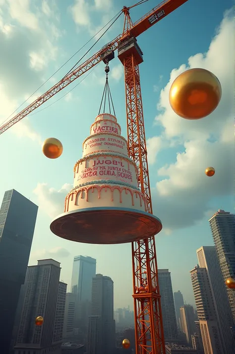 A telescopic crane hoisting a birthday cake that says:"Happy Birthday Victor Manuel" and an atmosphere in a city with golden balloons 