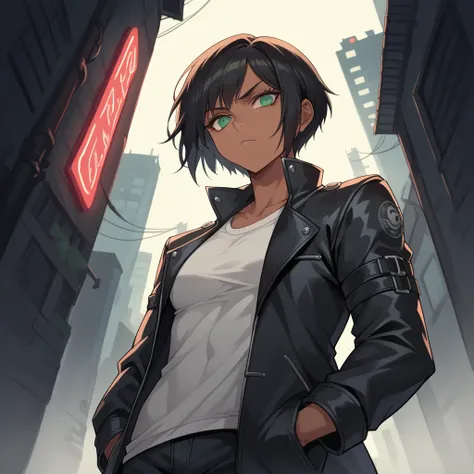 (masterpiece, best quality,dynamic angle,Dutch angle shot),short black hair, sharp and focused green eyes, defiant expression, tan skin, athletic and toned build, black leather jacket, standing with arms crossed, urban alleyway background, harsh neon light...