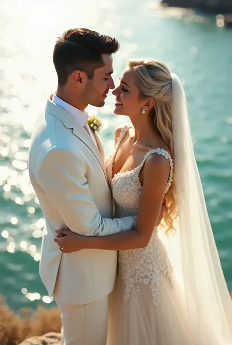 30 year old man, tall and fit in white business suit full body, Elegantly cut black hair and blue eyes, hugged, in love, woman years blonde long hair, light green eyes and a wedding dress, tender, wedding ceremony in front of the sea