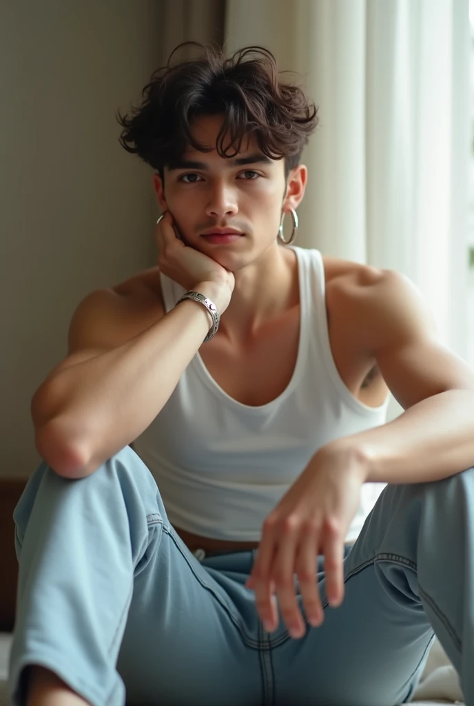 1 soft boy,Iranian features,short hair, White sleeveless crop top, light blue jeans, Silver hoop earrings, Bracelet, Relaxed position, Sitting, look down a little, soft skin, indoor place, Curtain and wall in background, Soft natural light from the right.,...