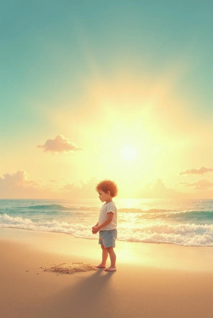 "A kid standing on the beach, trying to hold sand in their hands. The sand slips between their fingers, symbolizing the passage of time, while the horizon in front of them is bright and full of light, representing hope and future gains."