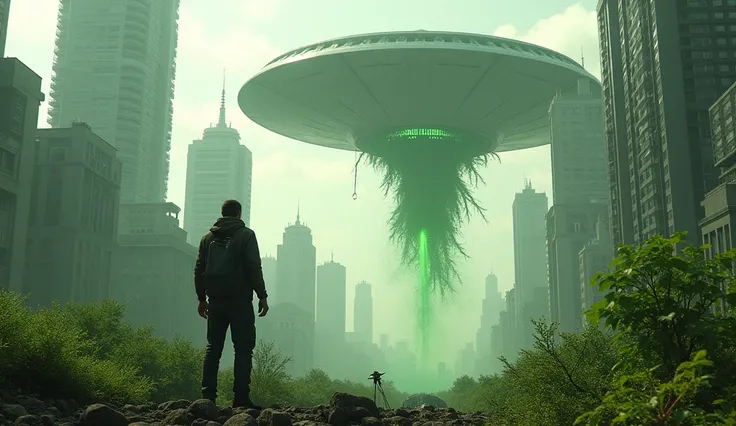 Buildings background、Shooting from the ground、A seed missile launched from a disk-shaped spaceship that came from outer space.、A giant plant grows from where the seed landed.、Large cities are being forced to green、A fugitive々