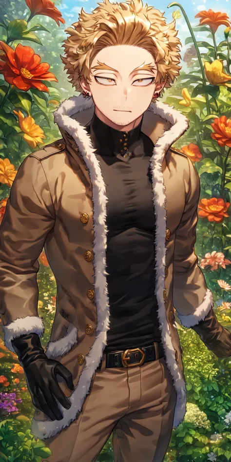 absurdres, highres, ultra detailed, HDR, master piece, Hawks, ash blonde hair, expressive golden-brown eyes, brown coat with fur, black tight shirt, red wings, faint stubble, sexy man, best quality, Boku No Hero Academia, solo, sensual, glittering, accesso...