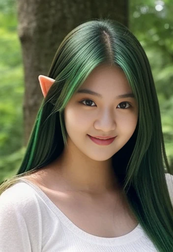 Cute elf Girl, nineteen years old, nice body, cute indonesian face, brown skin, innocent, happy, sharp eyes focus, , armor, at the fortrees, green hair