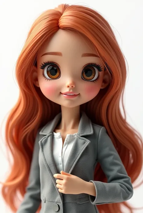 Adult teacher doll with long red hair, light brown skin, big brown eyes, holding a pen on a white background 
